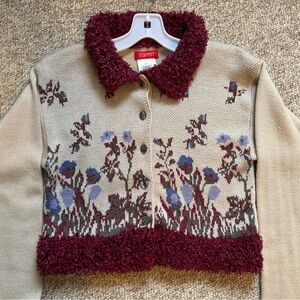 Vintage Esprit Beige Cardigan with Burgundy and Blue Floral Design